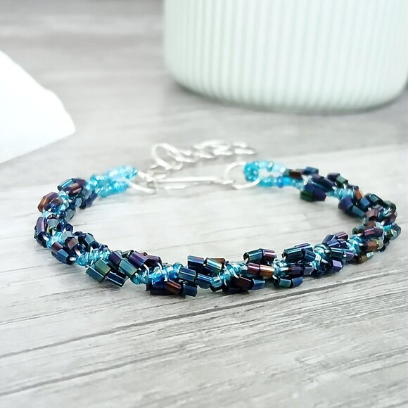 Metallic blue spiral rope beaded bracelet, adjustable bracelet 7 - 9" - Picture 3 of 4